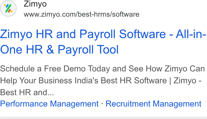 Zimyo ad on Google Ads: Zimyo HR and Payroll Software - All-in- One HR & Payroll Tool Schedule a Free Demo Today and See How Zimyo Can Help Your Business India's Best HR Software | Zimyo - Best HR and... Performance Management - Recruitment Management