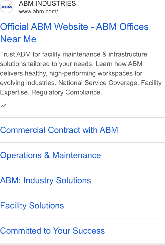 ABM Industries ad on Google Ads: Official ABM Website - ABM Offices Near Me Trust ABM for facility maintenance & infrastructure solutions tailored to your needs. Learn how ABM delivers healthy, high-performing workspaces for evolving industries. National Service Coverage. Facility Expertise. Regulatory Compliance. nw Commercial Contract with ABM Operations & Maintenance ABM: Industry Solutions Facility Solutions Committed to Your Success