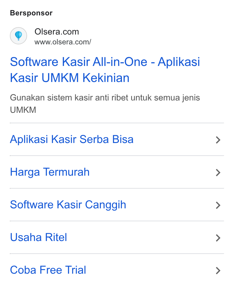 Olsera ad on Google Ads: www.olsera.com/ Software Kasir All-in-One - Aplikasi Kasir UMKM Kekinian Gunakan sistem kasir anti ribet untuk semua jenis UMKM Aplikasi Kasir Serba Bisa Harga Termurah Software Kasir Canggih Usaha Ritel Coba Free Trial