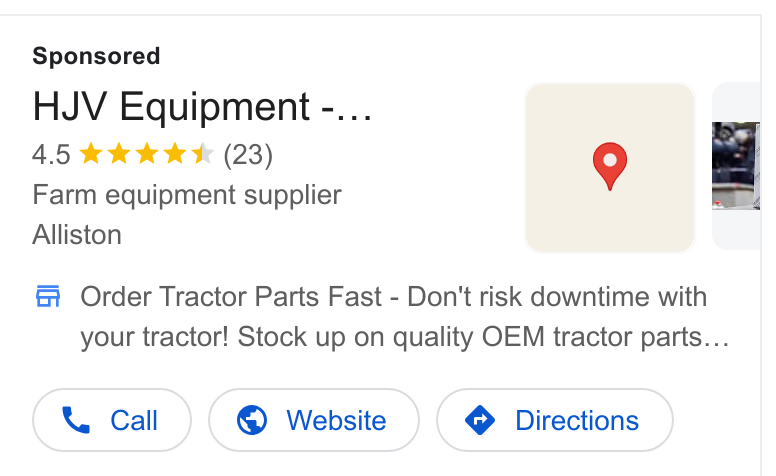 AGCO ad on Google Ads: HJV Equipment -... | 4.5 &k& k K (23) Farm equipment supplier ; Alliston Order Tractor Parts Fast - Don't risk downtime with your tractor! Stock up on quality OEM tractor parts...