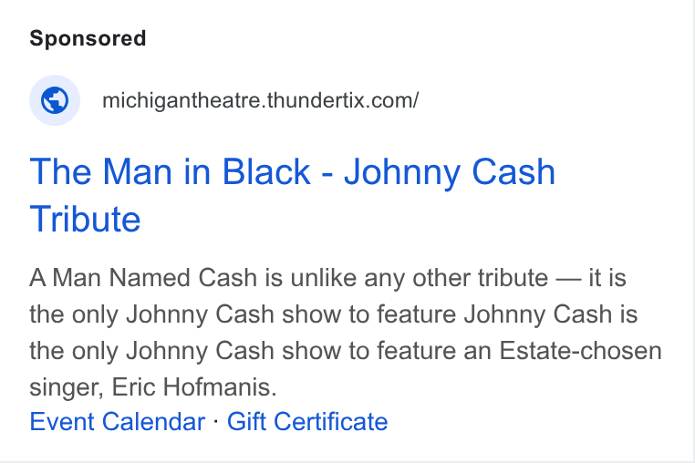 ThunderTix ad on Google Ads: The Man in Black - Johnny Cash Tribute A Man Named Cash is unlike any other tribute — it is the only Johnny Cash show to feature Johnny Cash is the only Johnny Cash show to feature an Estate-chosen singer, Eric Hofmanis. Event Calendar - Gift Certificate