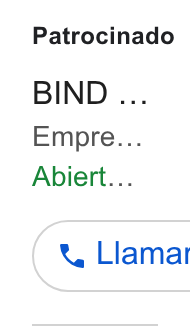 Bind ERP ad on Google Ads: Patrocinado BIND ... Empre... Abiert... Llamar
