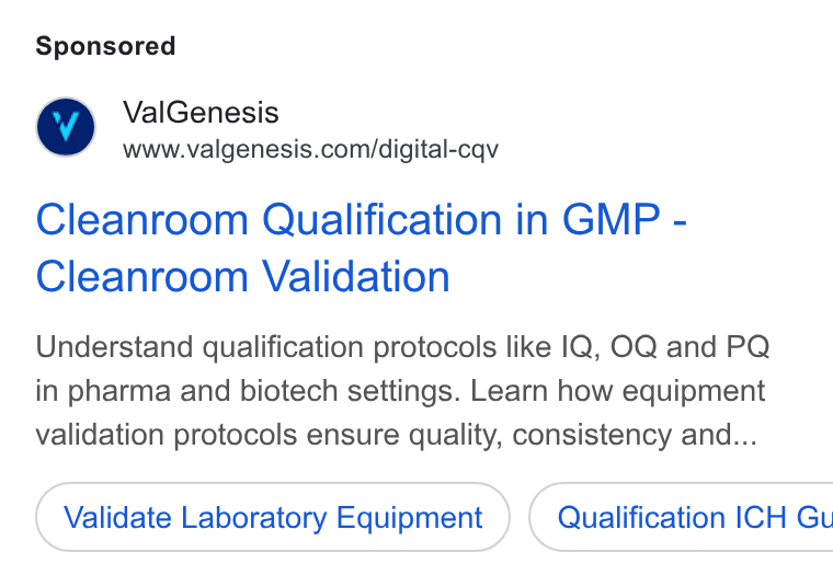 ValGenesis ad on Google Ads: Cleanroom Qualification in GMP - Cleanroom Validation Understand qualification protocols like |Q, OQ and PQ in pharma and biotech settings. Learn how equipment validation protocols ensure quality, consistency and... Validate Laboratory Equipment } ( Qualification ICH Gu