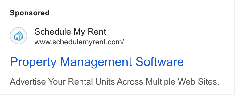 Schedule My Rent ad on Google Ads: Property Management Software Advertise Your Rental Units Across Multiple Web Sites.
