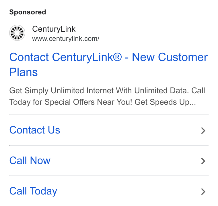 CenturyLink ad on Google Ads: Contact Century Link® - New Customer Plans Get Simply Unlimited Internet With Unlimited Data. Call Today for Special Offers Near You! Get Speeds Up... Contact Us > Call Now > Call Today >