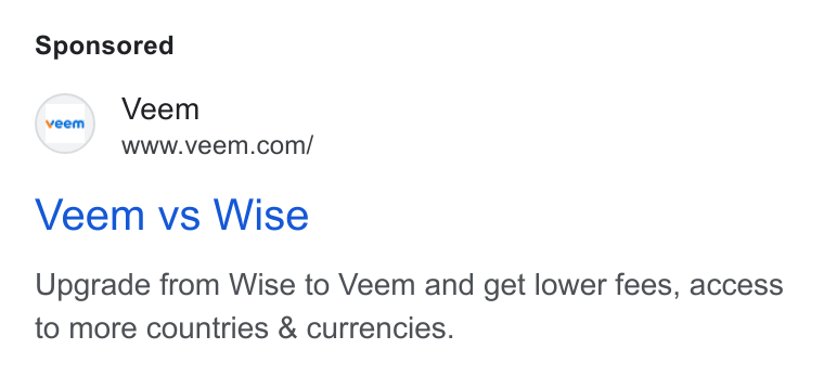 Veem ad on Google Ads: Veem vs Wise Upgrade from Wise to Veem and get lower fees, access to more countries & currencies.