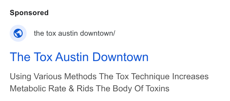 Mindbody ad on Google Ads: © __ the tox austin downtown/ The Tox Austin Downtown Using Various Methods The Tox Technique Increases Metabolic Rate & Rids The Body Of Toxins