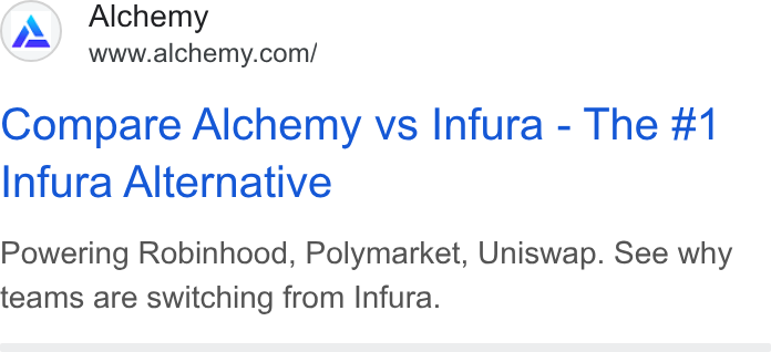 Alchemy ad on Google Ads: Compare Alchemy vs Infura - The #1 Infura Alternative Powering Robinhood, Polymarket, Uniswap. See why teams are switching from Infura.
