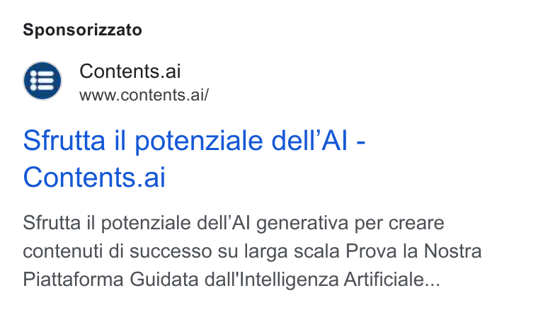 Contents ad on Google Ads: Sponsorizzato Contents.ai www.contents.ai/ Sfrutta il potenziale dell’Al - Contents.ai Sfrutta il potenziale dell’Al generativa per creare contenuti di successo su larga scala Prova la Nostra Piattaforma Guidata dall'Intelligenza Artificiale...