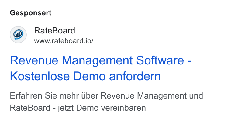 RateBoard ad on Google Ads: Gesponsert Rate Board www.rateboard.io/ Revenue Management Software - Kostenlose Demo anfordern Erfahren Sie mehr uber Revenue Management und Rate Board - jetzt Demo vereinbaren