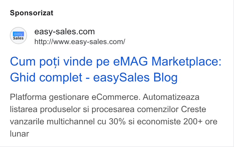 easySales Global ad on Google Ads: http://www.easy-sales.com/ Cum poti vinde pe e MAG Marketplace: Ghid complet - easy Sales Blog Platforma gestionare e Commerce. Automatizeaza listarea produselor si procesarea comenzilor Creste vanzarile multichannel cu 30% si economiste 200+ ore lunar