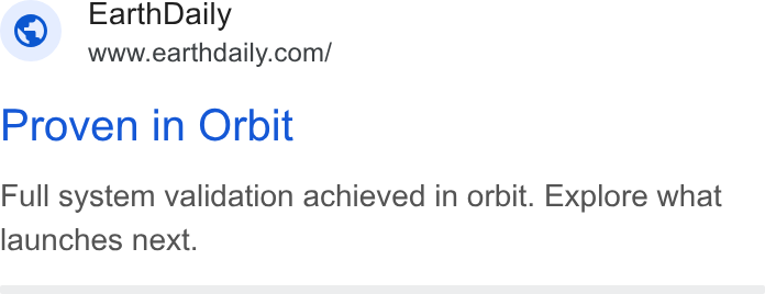 EarthDaily ad on Google Ads: Proven in Orbit Full system validation achieved in orbit. Explore what launches next.