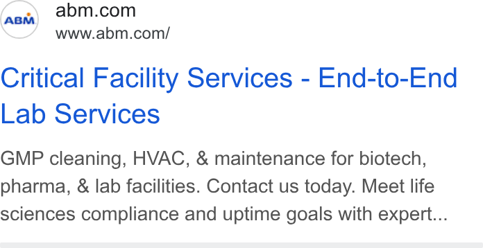 ABM Industries ad on Google Ads: www.abm.com/ Critical Facility Services - End-to-End Lab Services GMP cleaning, HVAC, & maintenance for biotech, pharma, & lab facilities. Contact us today. Meet life sciences compliance and uptime goals with expert...