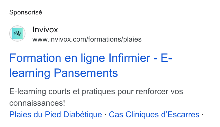 INVIVOX ad on Google Ads: Sponsorisé Formation en ligne Infirmier - E- learning Pansements E-learning courts et pratiques pour renforcer vos connaissances! Plaies du Pied Diabétique - Cas Cliniques d’Escarres -