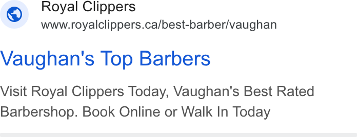 SQUIRE ad on Google Ads: Vaughan's Top Barbers Visit Royal Clippers Today, Vaughan's Best Rated Barbershop. Book Online or Walk In Today