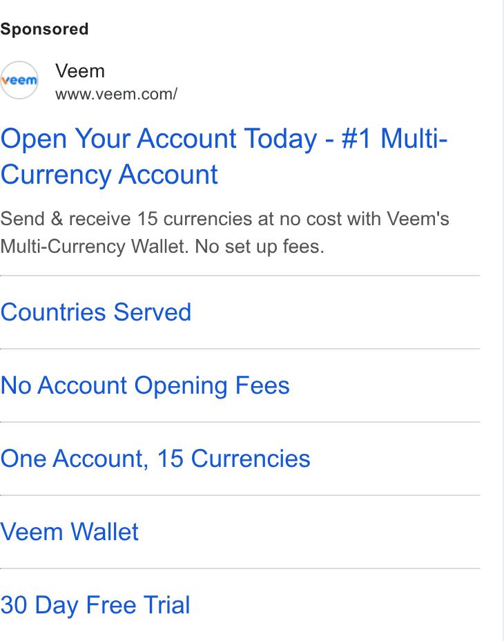 Veem ad on Google Ads: Open Your Account Today - #1 Multi- Currency Account Send & receive 15 currencies at no cost with Veem's Multi-Currency Wallet. No set up fees. Countries Served No Account Opening Fees One Account, 15 Currencies Veem Wallet 30 Day Free Trial