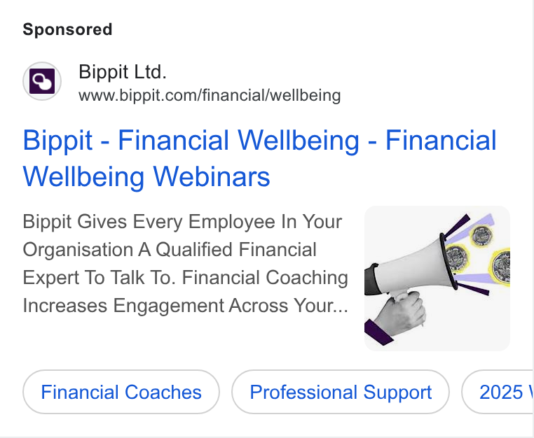 Bippit ad on Google Ads: Bippit - Financial Wellbeing - Financial Wellbeing Webinars Bippit Gives Every Employee In Your - Organisation A Qualified Financial _—< Expert To Talk To. Financial Coaching a. Increases Engagement Across Your...