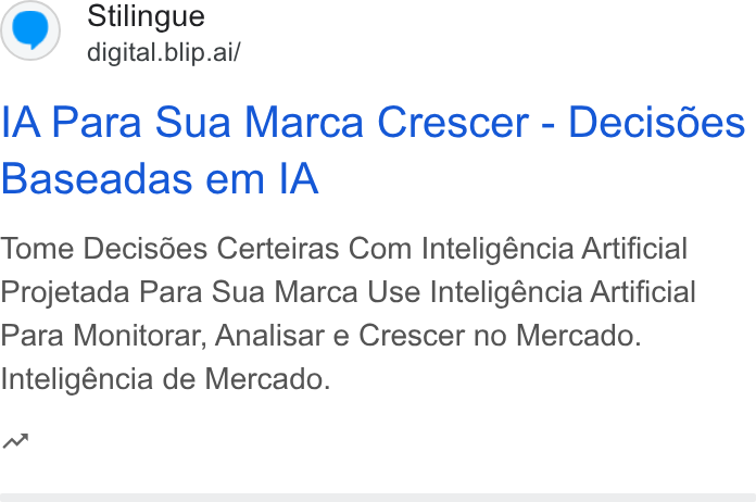 Blip ad on Google Ads: Stilingue digital.blip.ai/ IA Para Sua Marca Crescer - Decis Oes Baseadas em IA Tome Decisées Certeiras Com Inteligéncia Artificial Projetada Para Sua Marca Use Inteligéncia Artificial Para Monitorar, Analisar e Crescer no Mercado. Inteligéncia de Mercado. nw