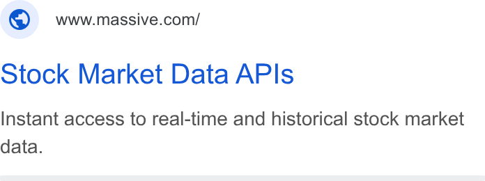 Polygon.io ad on Google Ads: Stock Market Data APIs Instant access to real-time and historical stock market data.