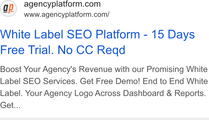 Agency Platform ad on Google Ads: www.agencyplatform.com/ White Label SEO Platform - 15 Days Free Trial. No CC Reqd Boost Your Agency's Revenue with our Promising White Label SEO Services. Get Free Demo! End to End White Label. Your Agency Logo Across Dashboard & Reports. Get...