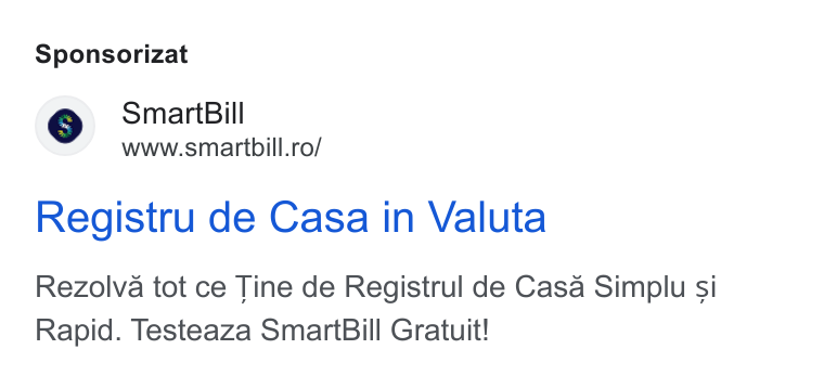 SmartBill ad on Google Ads: Sponsorizat Registru de Casa in Valuta Rezolva tot ce Tine de Registrul de Casa Simplu si Rapid. Testeaza Smart Bill Gratuit!