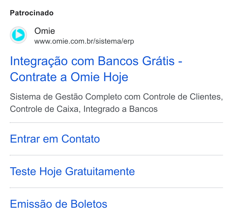 Omie ad on Google Ads: Patrocinado Integragao com Bancos Gratis - Contrate a Omie Hoje Sistema de Gestaéo Completo com Controle de Clientes, Controle de Caixa, Integrado a Bancos Entrar em Contato Teste Hoje Gratuitamente Emissao de Boletos
