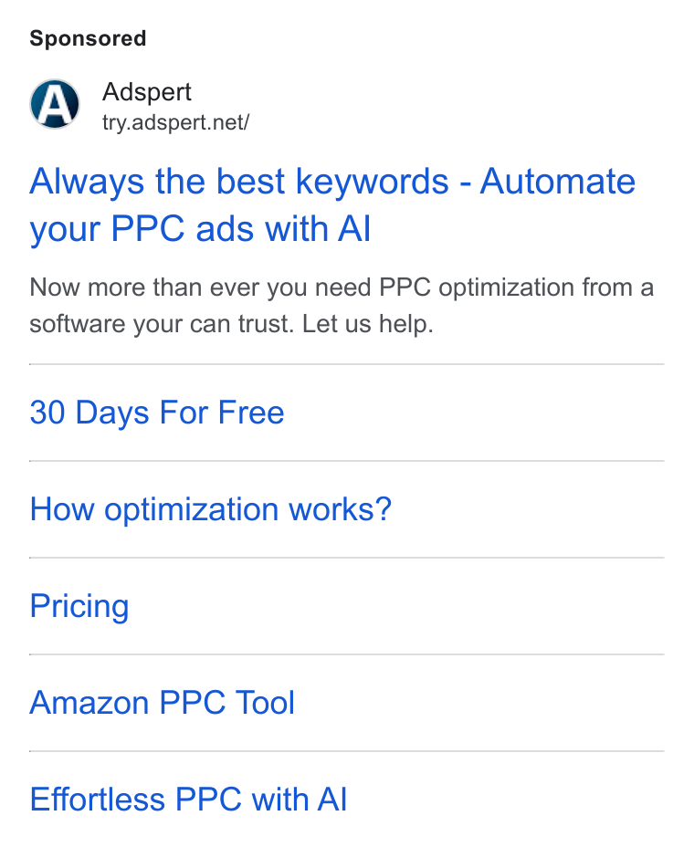 Adspert ad on Google Ads: Always the best keywords - Automate your PPC ads with Al Now more than ever you need PPC optimization from a software your can trust. Let us help. 30 Days For Free How optimization works? Pricing Amazon PPC Tool Effortless PPC with Al