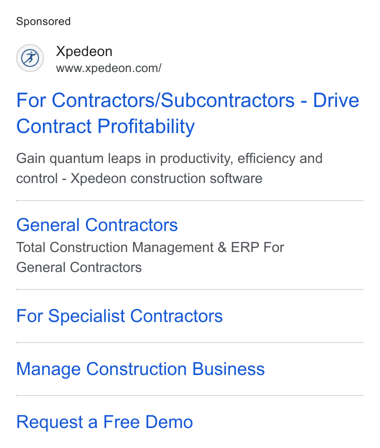 Xpedeon ad on Google Ads: For Contractors/Subcontractors - Drive Contract Profitability Gain quantum leaps in productivity, efficiency and control - Xpedeon construction software General Contractors Total Construction Management & ERP For General Contractors For Specialist Contractors Manage Construction Business Request a Free Demo