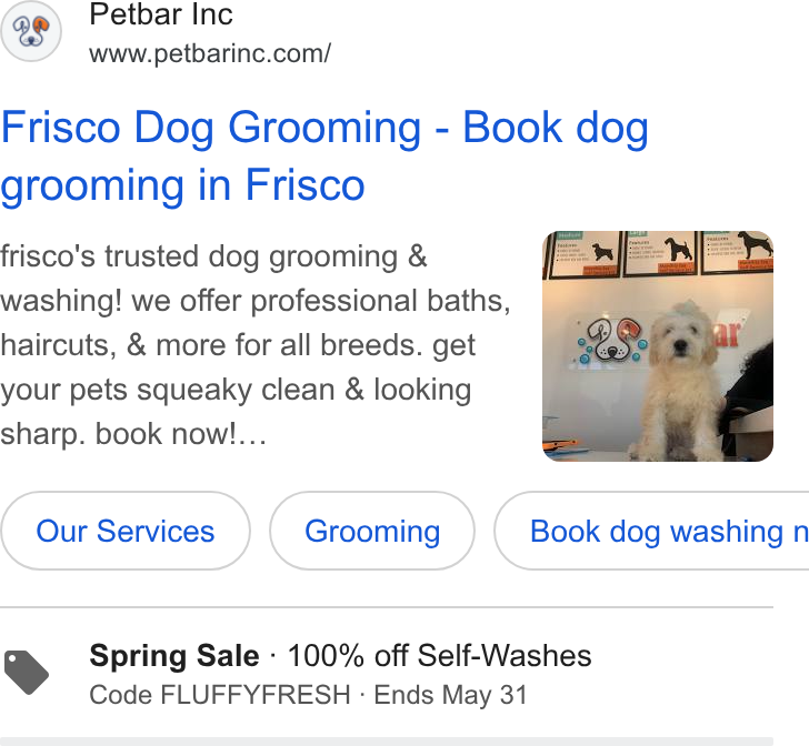 MyTime ad on Google Ads: Frisco Dog Grooming - Book dog grooming in Frisco frisco's trusted dog grooming & washing! we offer professional baths, haircuts, & more for all breeds. get your pets squeaky clean & looking sharp. book now!.. Spring Sale - 100% off Self-Washes Code FLUFFYFRESH - Ends May 31
