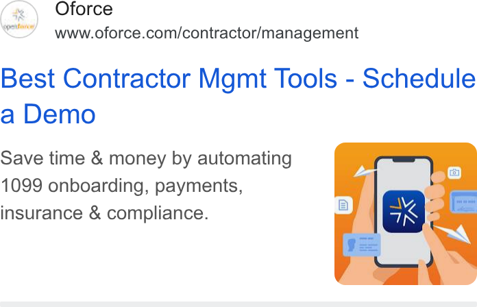 Openforce ad on Google Ads: Best Contractor Mgmt Tools - Schedule a Demo Save time & money by automating 1099 onboarding, payments, insurance & compliance.