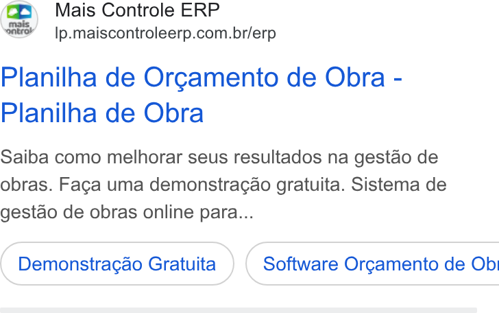 Mais Controle ad on Google Ads: Planilha de Orgamento de Obra - Planilha de Obra Saiba como melhorar seus resultados na gestao de obras. Faga uma demonstragao gratuita. Sistema de gestao de obras online para... Demonstra¢ao Gratuita } ( Software Orcamento de Ob