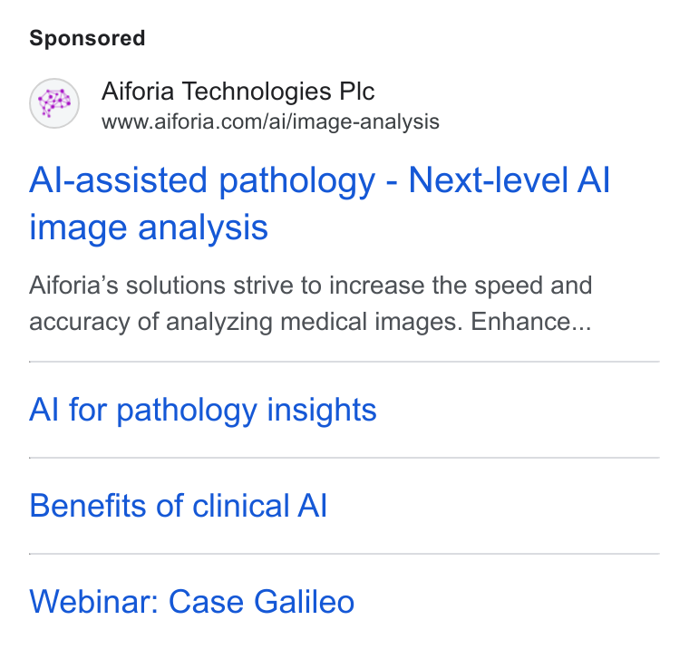 Aiforia ad on Google Ads: Al-assisted pathology - Next-level Al image analysis Aiforia’s solutions strive to increase the speed and accuracy of analyzing medical images. Enhance... Al for pathology insights Benefits of clinical Al Webinar: Case Galileo