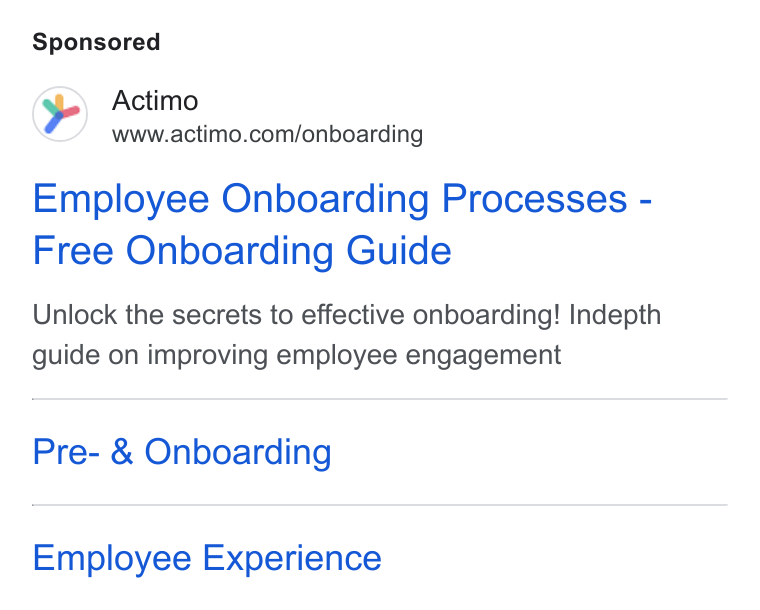 Actimo ad on Google Ads: Employee Onboarding Processes - Free Onboarding Guide Unlock the secrets to effective onboarding! Indepth guide on improving employee engagement Pre- & Onboarding Employee Experience