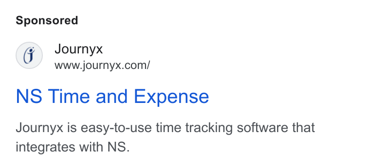 Journyx ad on Google Ads: NS Time and Expense Journyx is easy-to-use time tracking software that integrates with NS.