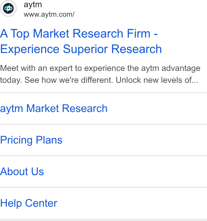 aytm ad on Google Ads: A Top Market Research Firm - Experience Superior Research Meet with an expert to experience the aytm advantage today. See how we're different. Unlock new levels of... aytm Market Research Pricing Plans About Us Help Center