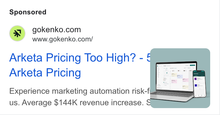 Kenko AI ad on Google Ads: www.gokenko.com/ Arketa Pricing Too High? - Arketa Pricing Experience marketing automation risk-fé = us. Average $144K revenue increase. &