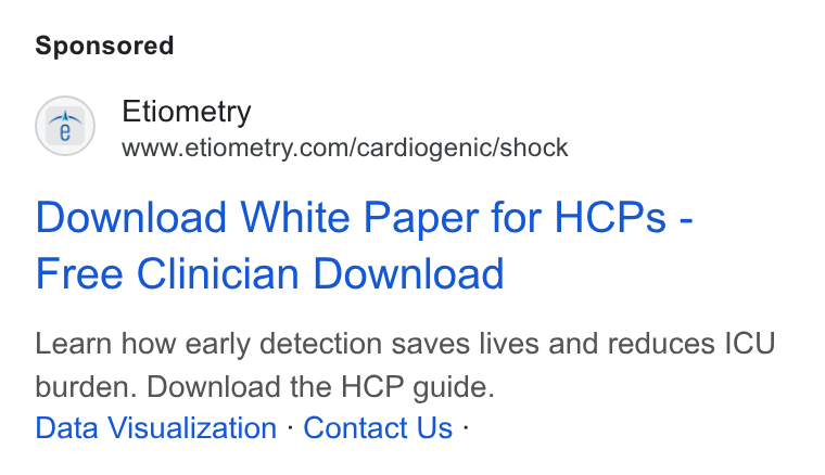 Etiometry ad on Google Ads: Download White Paper for HCPs - Free Clinician Download Learn how early detection saves lives and reduces ICU burden. Download the HCP guide. Data Visualization - Contact Us -