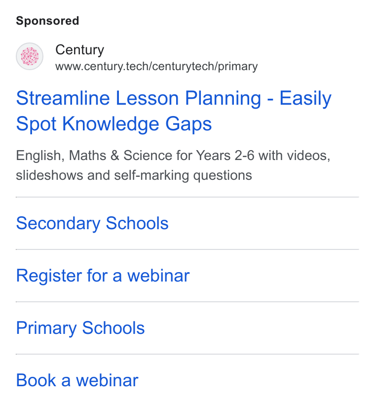 CENTURY Tech ad on Google Ads: Century www.century.tech/centurytech/primary Streamline Lesson Planning - Easily Spot Knowledge Gaps English, Maths & Science for Years 2-6 with videos, slideshows and self-marking questions Secondary Schools Register for a webinar Primary Schools Book a webinar