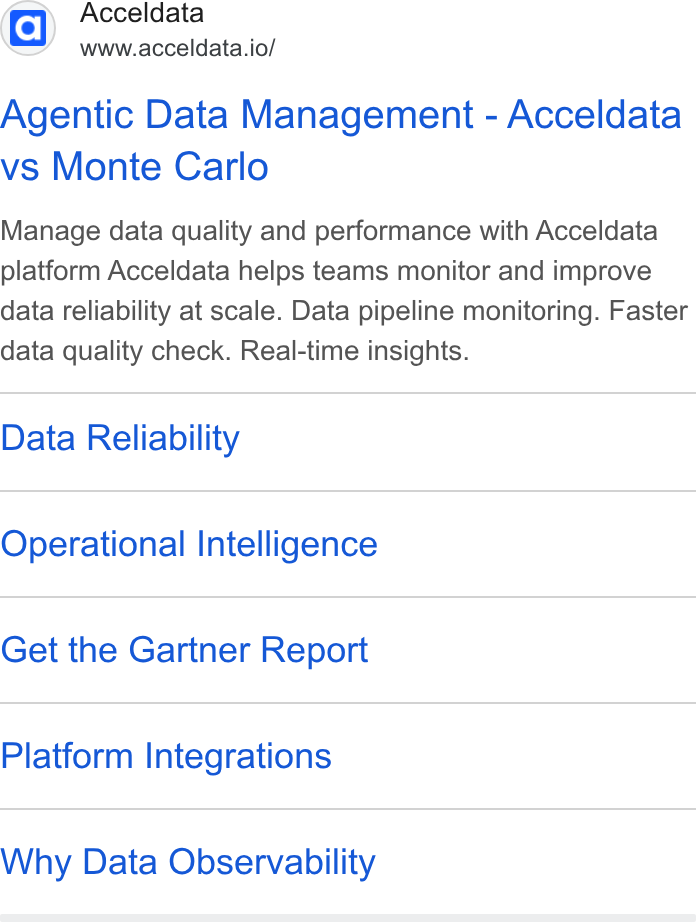 Acceldata ad on Google Ads: Acceldata www.acceldata.io/ Agentic Data Management - Acceldata vs Monte Carlo Manage data quality and performance with Acceldata platform Acceldata helps teams monitor and improve data reliability at scale. Data pipeline monitoring. Faster data quality check. Real-time insights. Data Reliability Operational Intelligence Get the Gartner Report Platform Integrations Why Data Observability