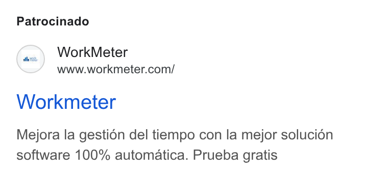 WorkMeter ad on Google Ads: Patrocinado Workmeter Mejora la gestion del tiempo con la mejor solucién software 100% automatica. Prueba gratis
