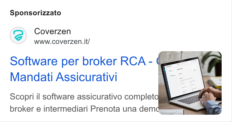 Coverzen ad on Google Ads: Sponsorizzato Coverzen www.coverzen. it/ Software per broker RCA - ¢ Mandati Assicurativi Scopri il software assicurativo completo broker e intermediari Prenota una dem