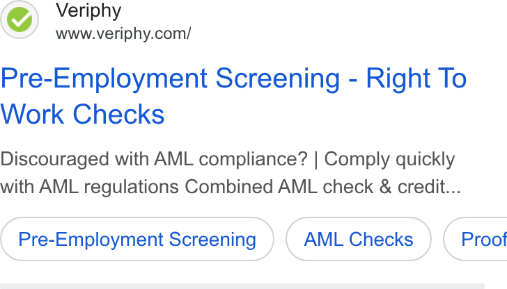 Veriphy ad on Google Ads: Pre-Employment Screening - Right To Work Checks Discouraged with AML compliance? | Comply quickly with AML regulations Combined AML check & credit... Pre-Employment Screening AML Checks (Proo
