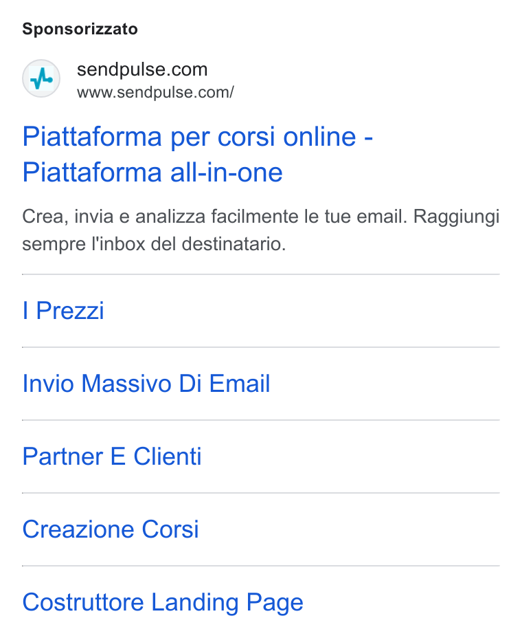 SendPulse ad on Google Ads: www.sendpulse.com/ Piattaforma per corsi online - Piattaforma all-in-one Crea, invia e analizza facilmente le tue email. Raggiungi sempre l'inbox del destinatario. Prezzi Invio Massivo Di Email Partner E Clienti Creazione Corsi Costruttore Landing Page