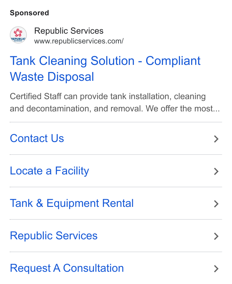 Republic Services ad on Google Ads: Tank Cleaning Solution - Compliant Wasie Disposal Certified Staff can provide tank installation, cleaning and decontamination, and removal. We offer the most... Contact Us > Locate a Facility > Tank & Equipment Rental > Republic Services > Request A Consultation >