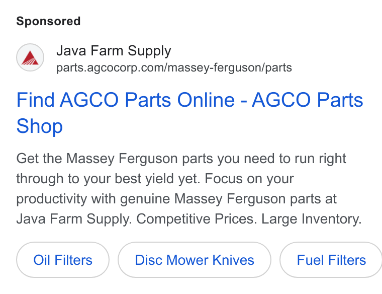 AGCO ad on Google Ads: Find AGCO Parts Online - AGCO Parts Shop Get the Massey Ferguson parts you need to run right through to your best yield yet. Focus on your productivity with genuine Massey Ferguson parts at Java Farm Supply. Competitive Prices. Large Inventory. Oil Filters ( Fuel Filters