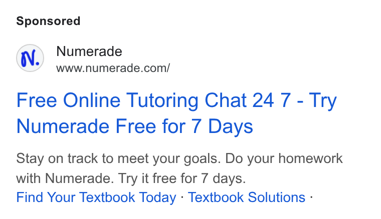 Numerade ad on Google Ads: Free Online Tutoring Chat 24 7 - Try Numerade Free for 7 Days Stay on track to meet your goals. Do your homework with Numerade. Try it free for 7 days. Find Your Textbook Today - Textbook Solutions -
