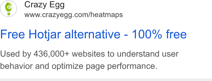 Crazy Egg ad on Google Ads: Free Hotjar alternative - 100% free Used by 436,000+ websites to understand user behavior and optimize page performance.