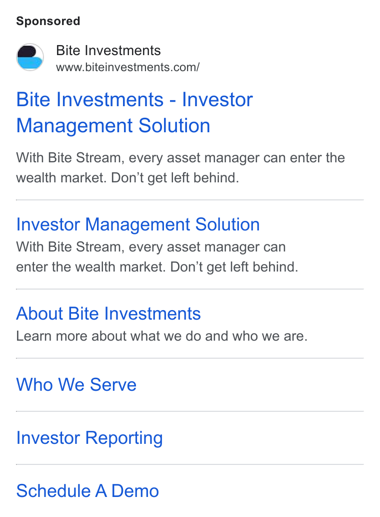 Bite Investments ad on Google Ads: Bite Investments - Investor Management Solution With Bite Stream, every asset manager can enter the wealth market. Don’t get left behind. Investor Management Solution With Bite Stream, every asset manager can enter the wealth market. Don’t get left behind. About Bite Investments Learn more about what we do and who we are. Who We Serve Investor Reporting Schedule A Demo