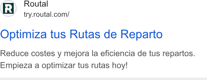 Routal ad on Google Ads: Optimiza tus Rutas de Reparto Reduce costes y mejora la eficiencia de tus repartos. Empieza a optimizar tus rutas hoy!