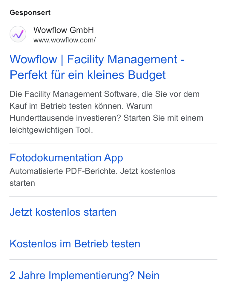 Wowflow ad on Google Ads: Gesponsert Wowflow | Facility Management - Perfekt fur ein kleines Budget Die Facility Management Software, die Sie vor dem Kauf im Betrieb testen k6nnen. Warum Hunderttausende investieren? Starten Sie mit einem leichtgewichtigen Tool. Fotodokumentation App Automatisierte PDF-Berichte. Jetzt kostenlos starten Jetzt kostenlos starten Kostenlos im Betrieb testen 2 Jahre Implementierung? Nein